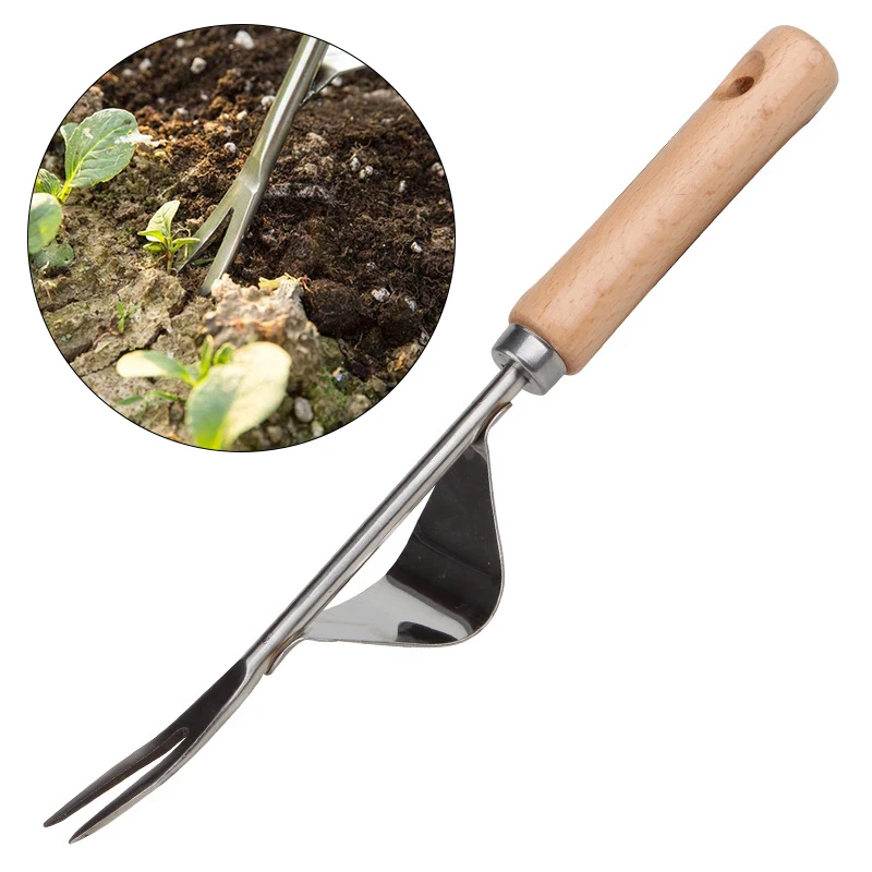  Garden Fork Wood Forked Head Hand Weeder Puller Patio Handle Remove Weeds Shovel Courtyard Trimming Tools