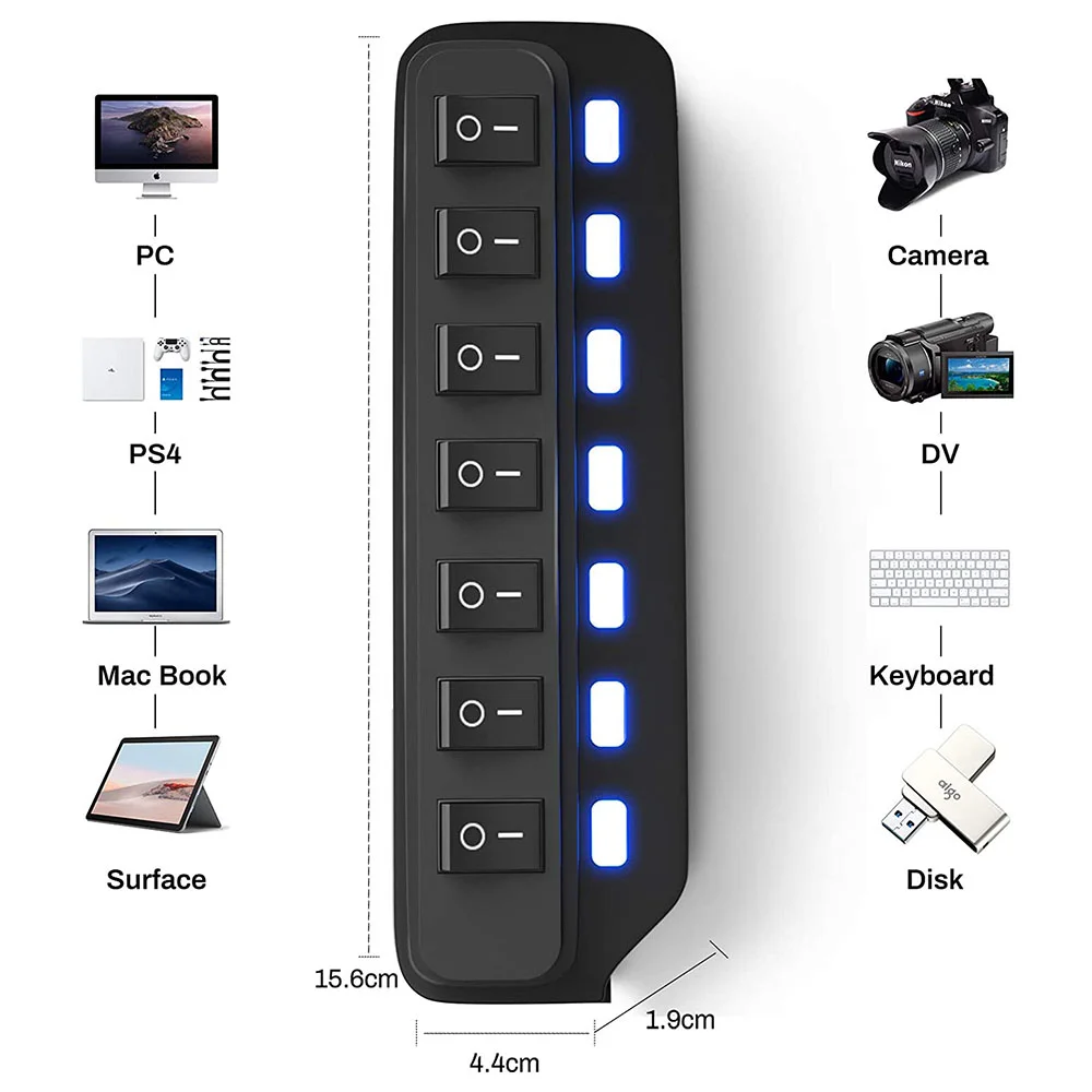 High Quality Multi Port USB Splitter 7 Ports Usb 2.0 7 In 1 USB-C Pd HUB With High Speed ON OFF Light Switch