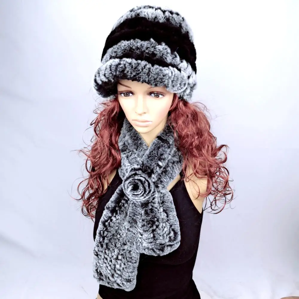 New Real Rex Rabbit Fur Women's Autumn And Winter Warm Caps Ear Fox Fur Ball Jewelry Fashion Rabbit Fur Knit Hat Female