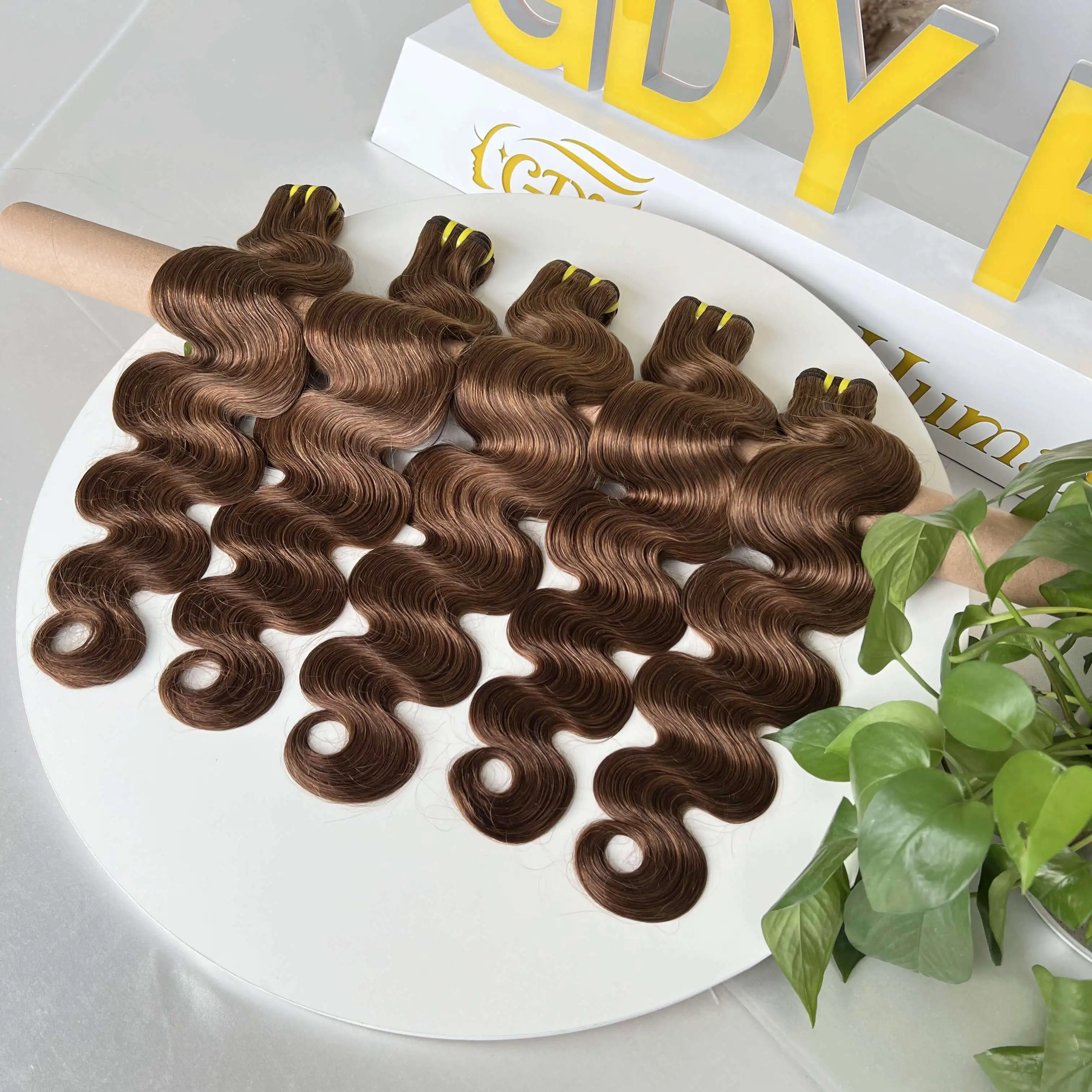 GDY Extensions Human Hair Weave Vendors Indian Wavy Hair #4 Chocolate Brown Bouncy Body Wave Bundles