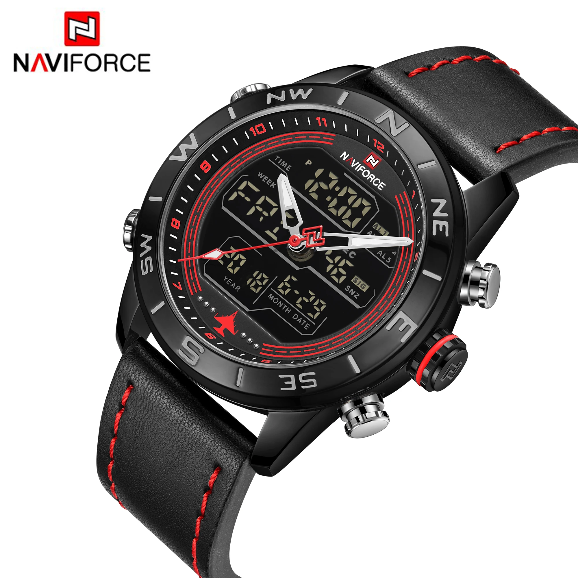 
2020 naviforce 9144 quartz analog digital watches OEM design water resistant led digital leather western wrist watch for man 