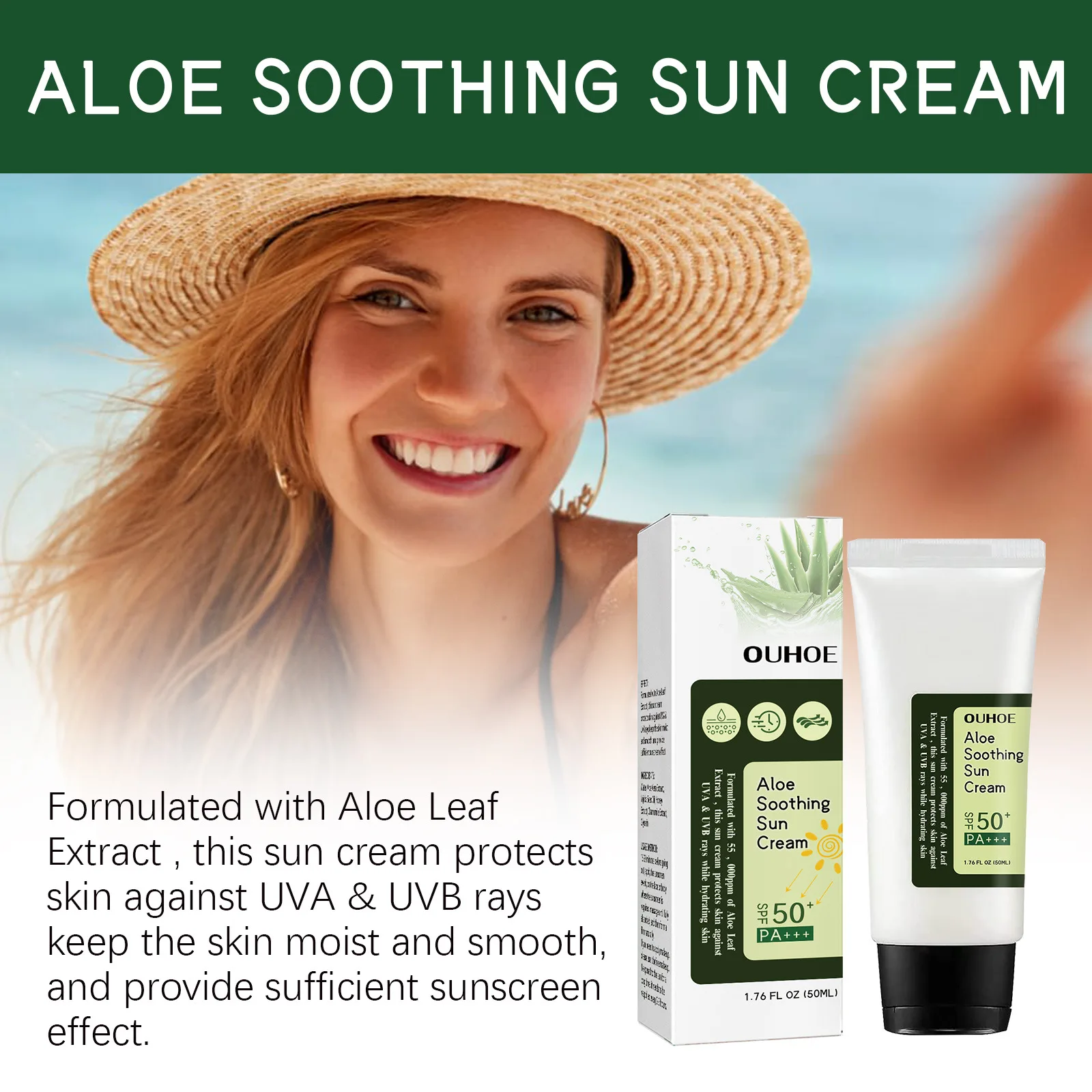 OUHOE Aloe Vera Sunscreen Care Cream, hydrating, refreshing, non-greasy, UV shielding aloe soothing sunscreen