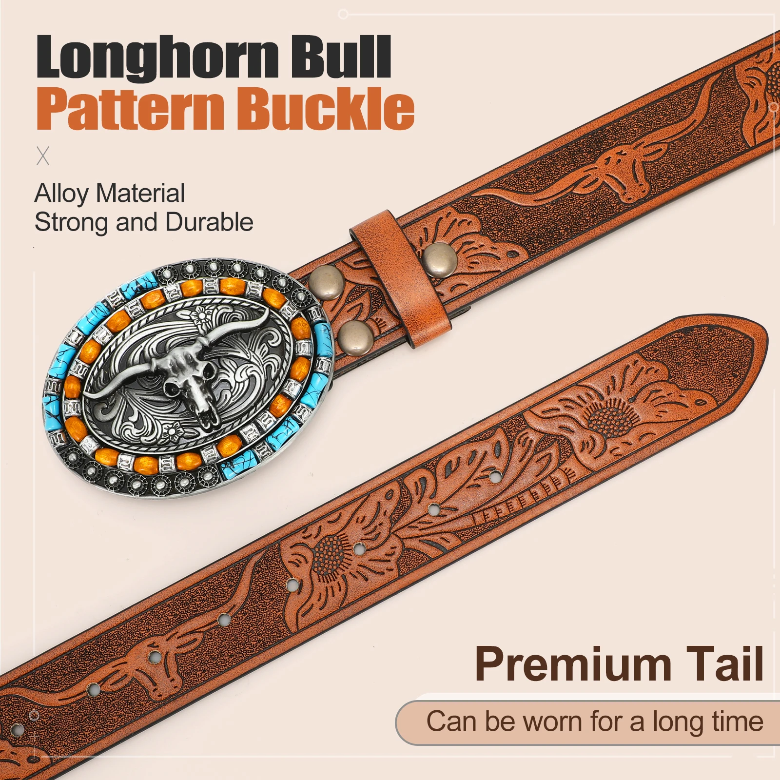 Unisex Western Belt Detachable Alloy Plate Buckle Turquoise Custom Debossed Floral Pattern Design PU Leather Belt For Men Women