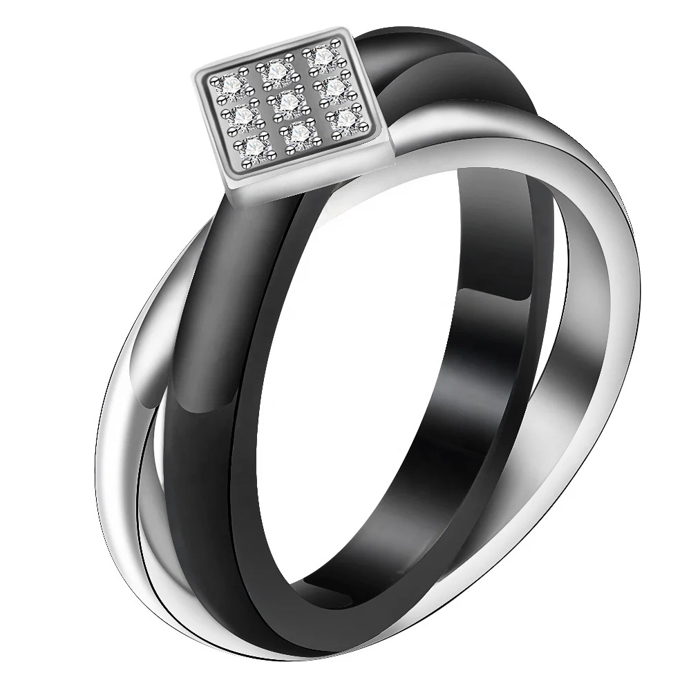 
Black ceramic cross silver stainless steel ring ceramic ring with CZ rhinestone wedding ring 