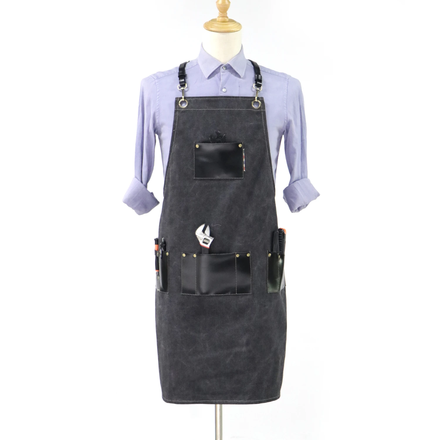 Genuine Leather Washed Canvas Barista Apron Custom Logo Cake Dessert Shop Cafe Barber Shop Bar Apron Overalls