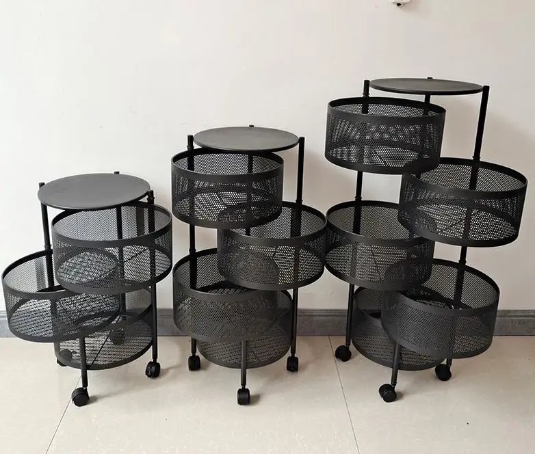 Kitchen Vegetable Rack 3 layers Round Fruit and Vegetable Basket Storage Trolley