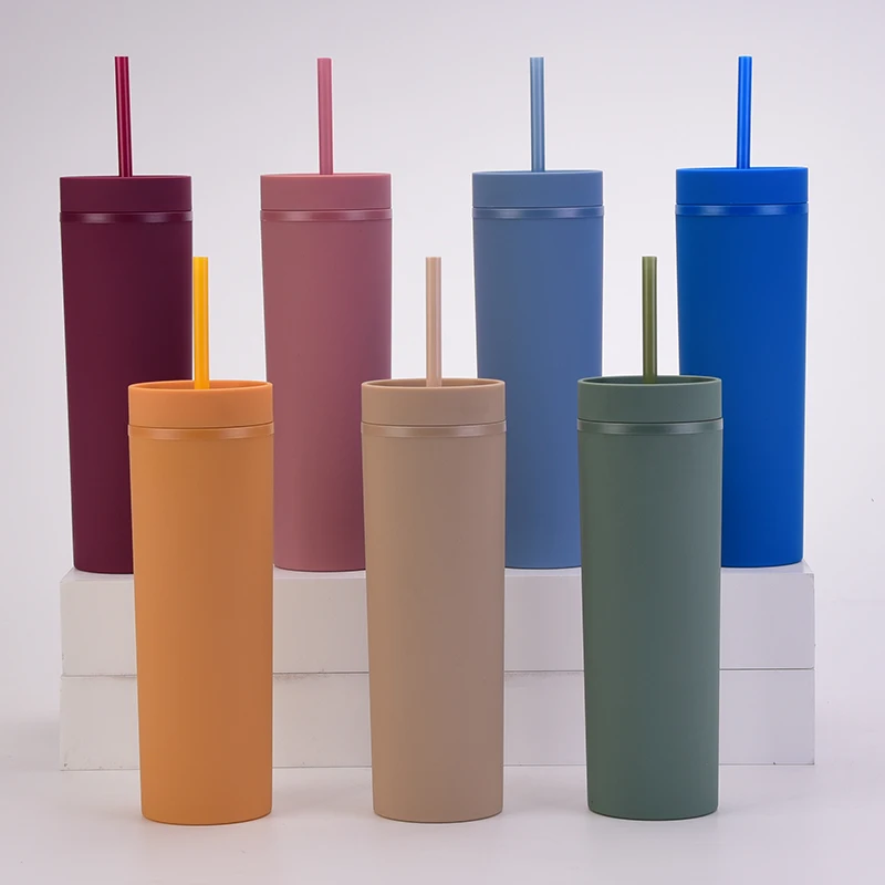 SKINNY Double layered Plastic Cup Customized Simple Rubber Paint Water Cup 16 OZ Sealed Straight Straw Cup