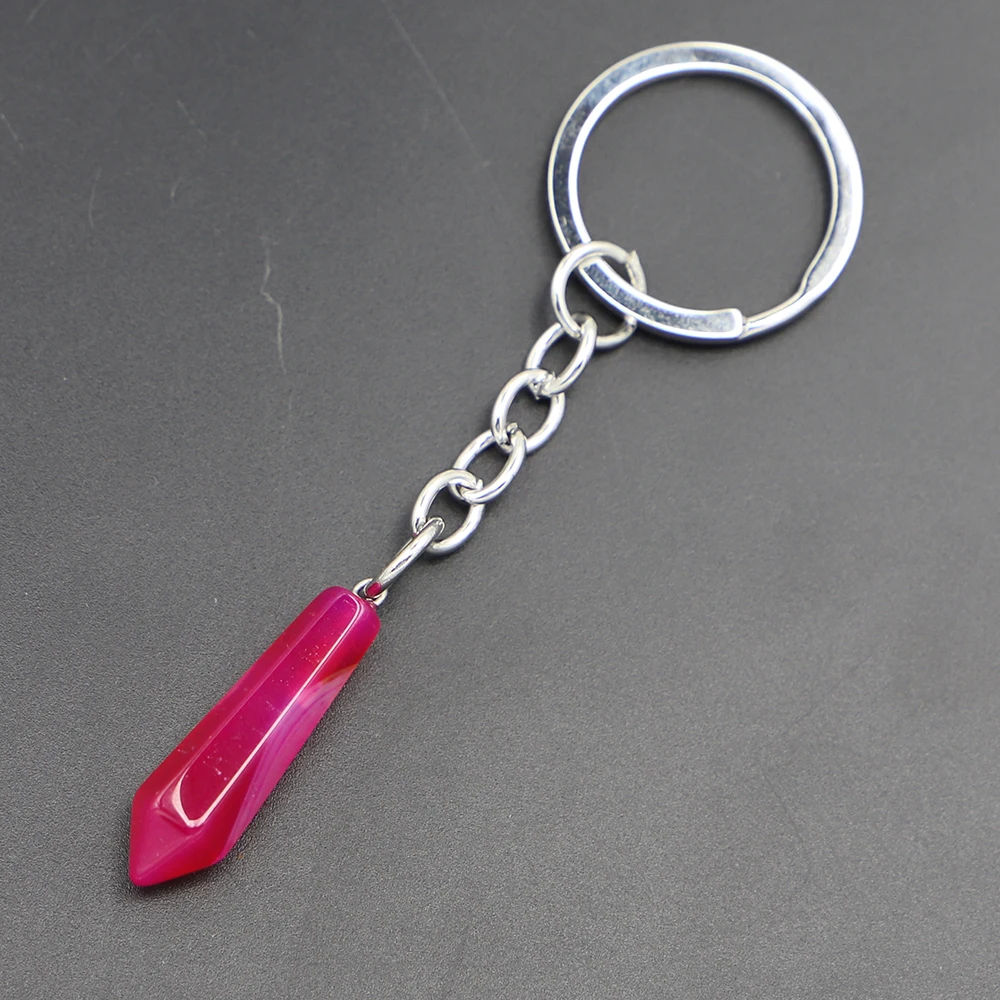 Natural Stone Hexagonal Column Keychain Stripe Agates Pendants Key Rings on Bag Car Jewelry Party Friends Gift