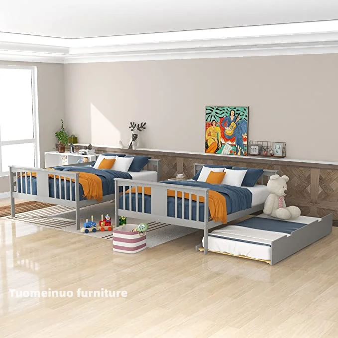 Bunk Bed with Trundle Solid Wood Bunk Bed with Ladder for Bedroom