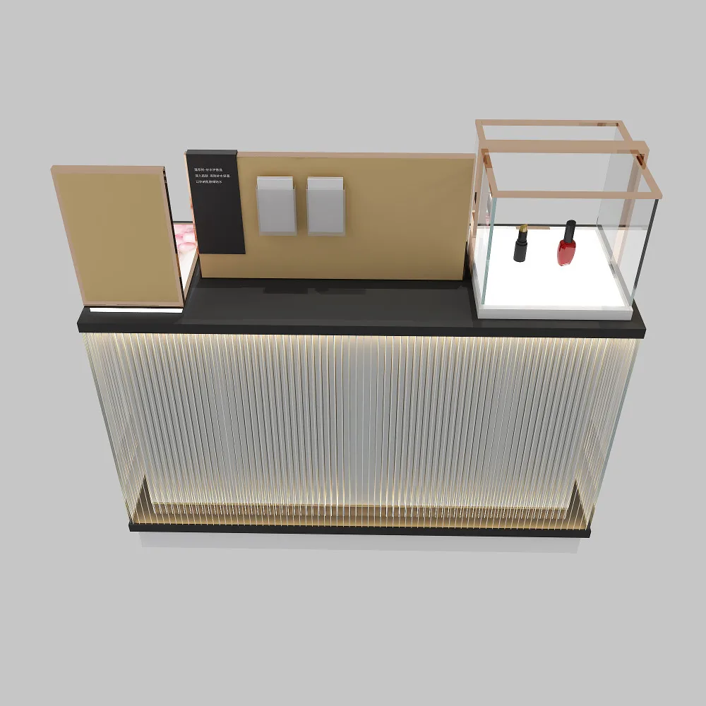 Makeup counter with glass display with light, skin care products and lipstick display