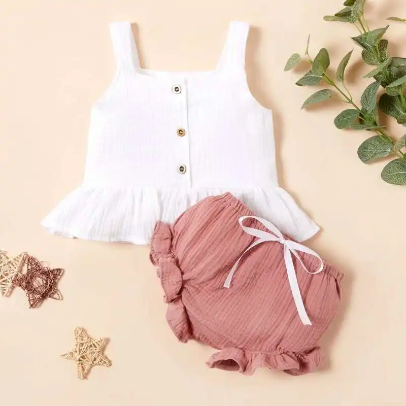 
Sleeveless Dress And Pants Outfits Summer linen cotton baby girl sling two-piece set 