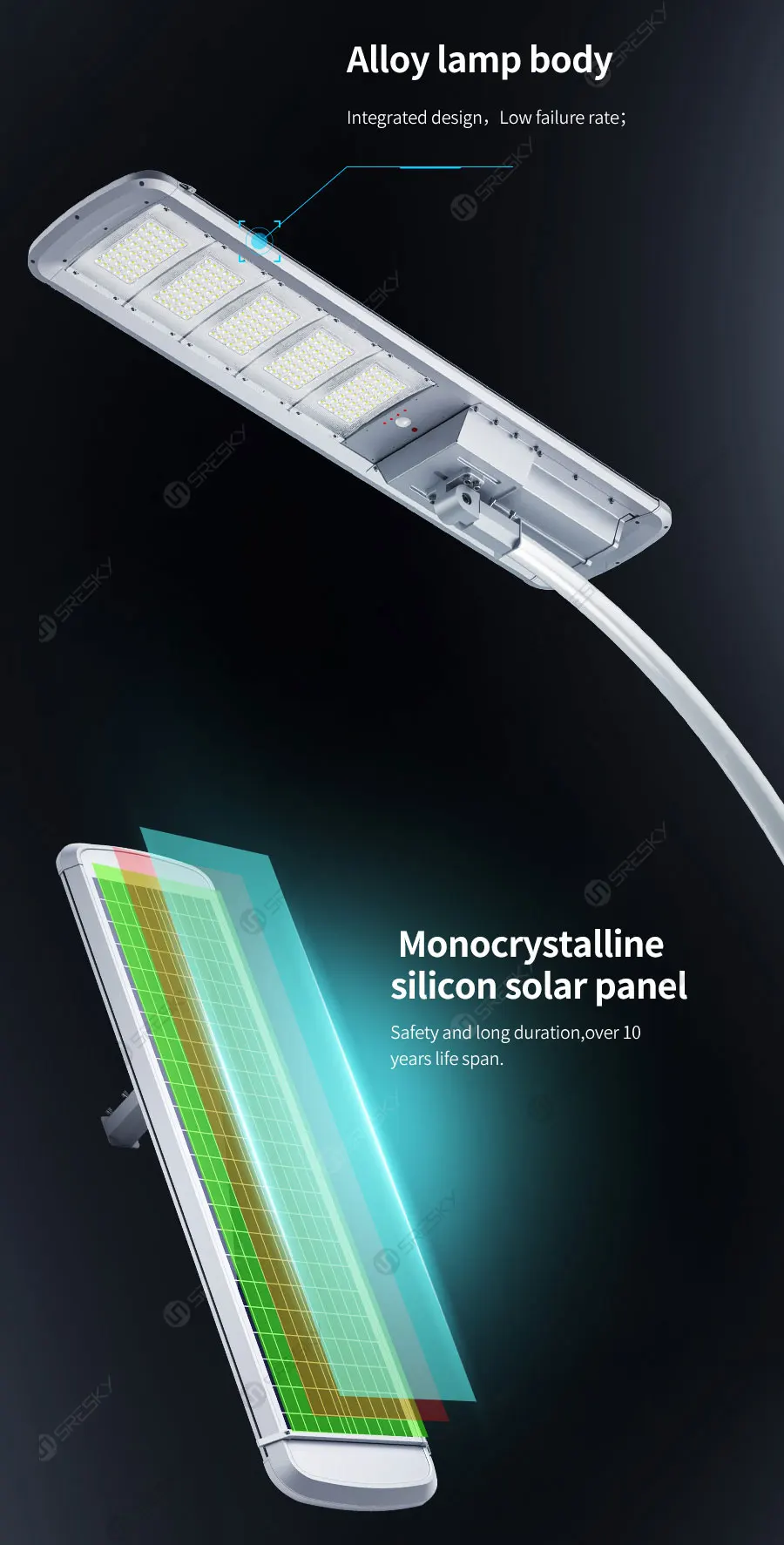 SRESKY outdoor lights energy saving waterproof outdoor all in one led solar panel street light with auto cleaning