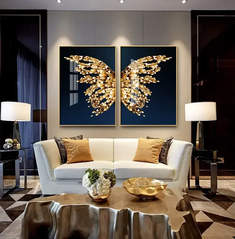Custom High Quality 2 Panels Butterfly Animal Abstract Crystal Porcelain Oil on Canvas for Decorative Paintings Wall Arts