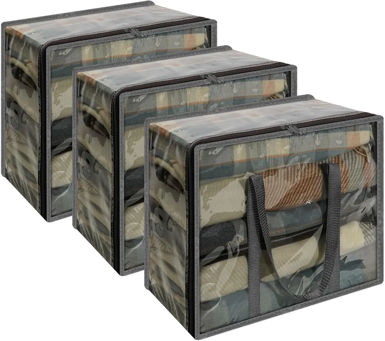 Grey 40L Clear Clothes Storage Bag with Zipper 3 Pack Colorful Clothes Organizer Vinyl Storage Bag