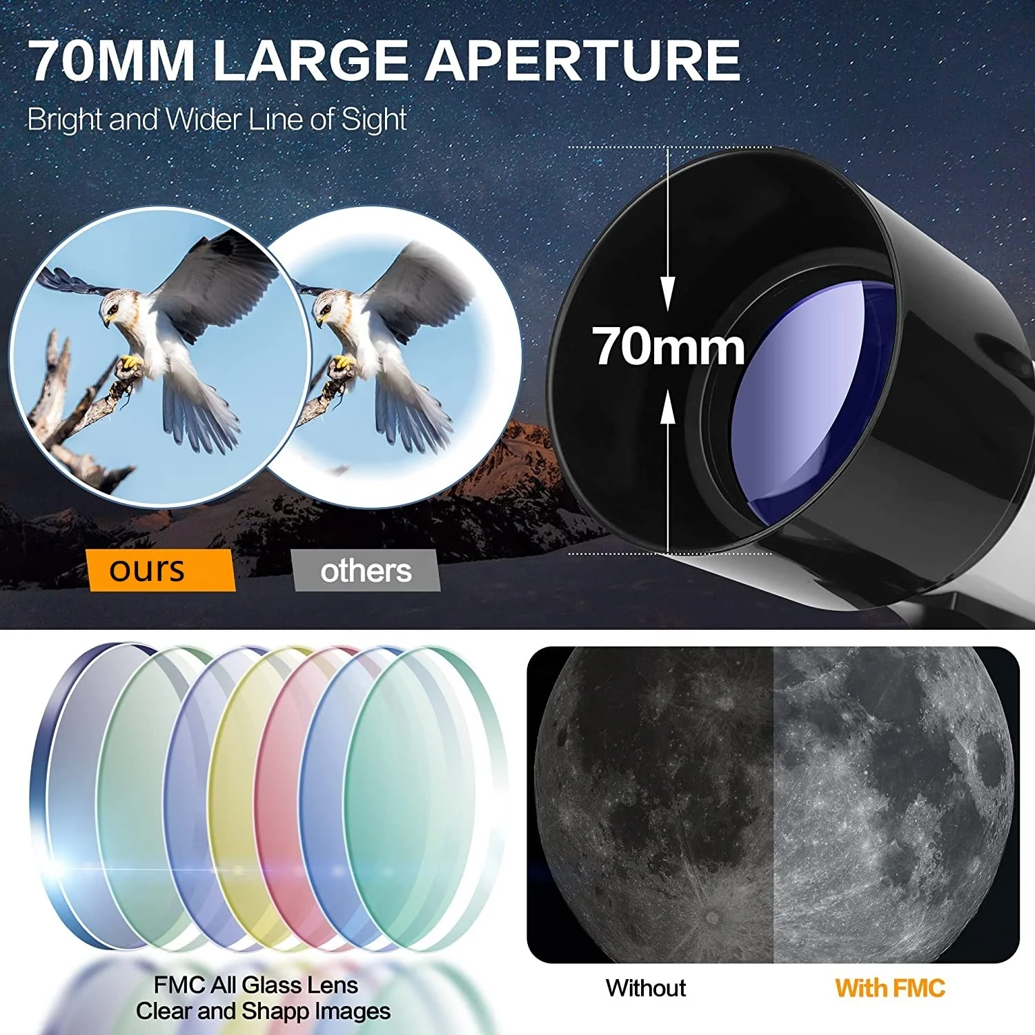 Telescope for Astronomy 400/70 FMC Glass Optical Refractor Telescopes With Adjustable Tripod Phone Adapter for Kids Adult Beginn