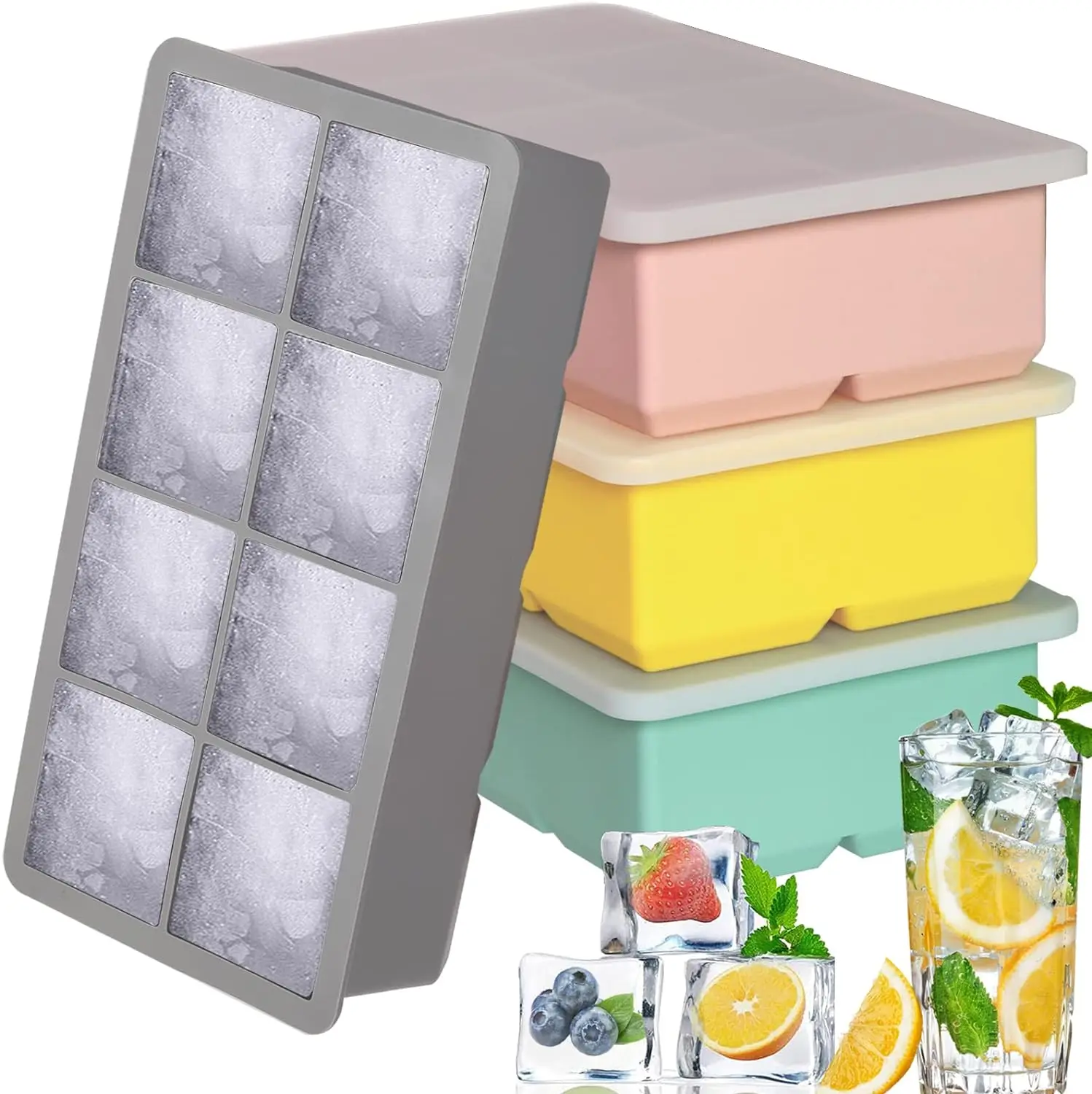 Easy Release and Flexible Silicone Ice Cube Trays Silicone Big Ice Cube Mold with Lids for Whiskey