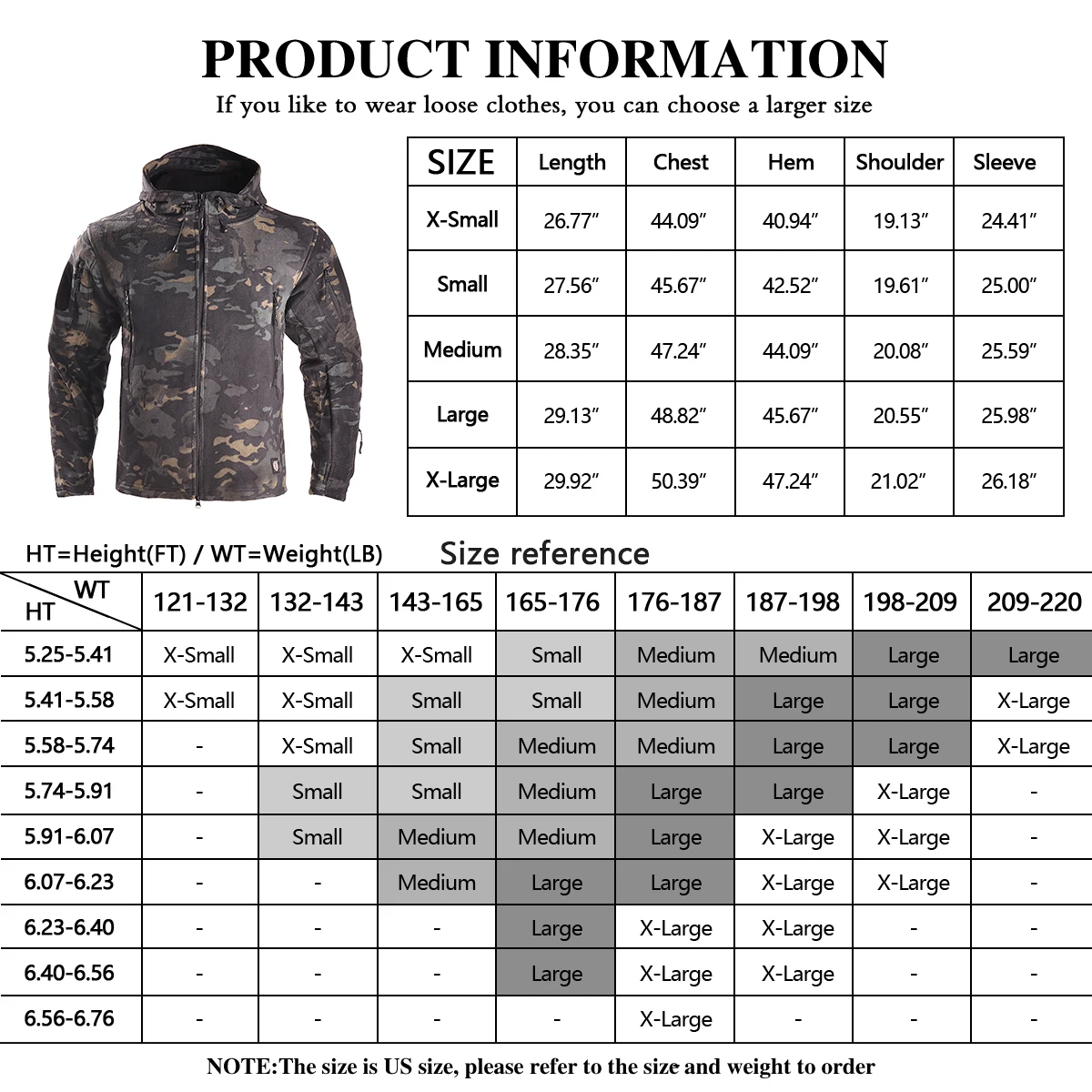 HAN WILD Outdoor Fleece jacket Comfortable and Warm Tactical jacket With Hat