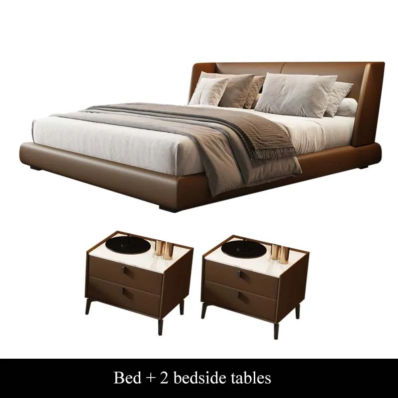 Luxury Bedroom Furniture Genuine Leather King Size Bed Modern Bed Home Queen Double Solid Wood Frame Bed