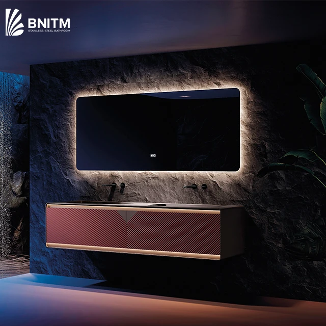 BNITM Classical Style Luxury Bathroom Cabinets Stainless steel Wall Mount Bathroom Vanity With LED Light and basin