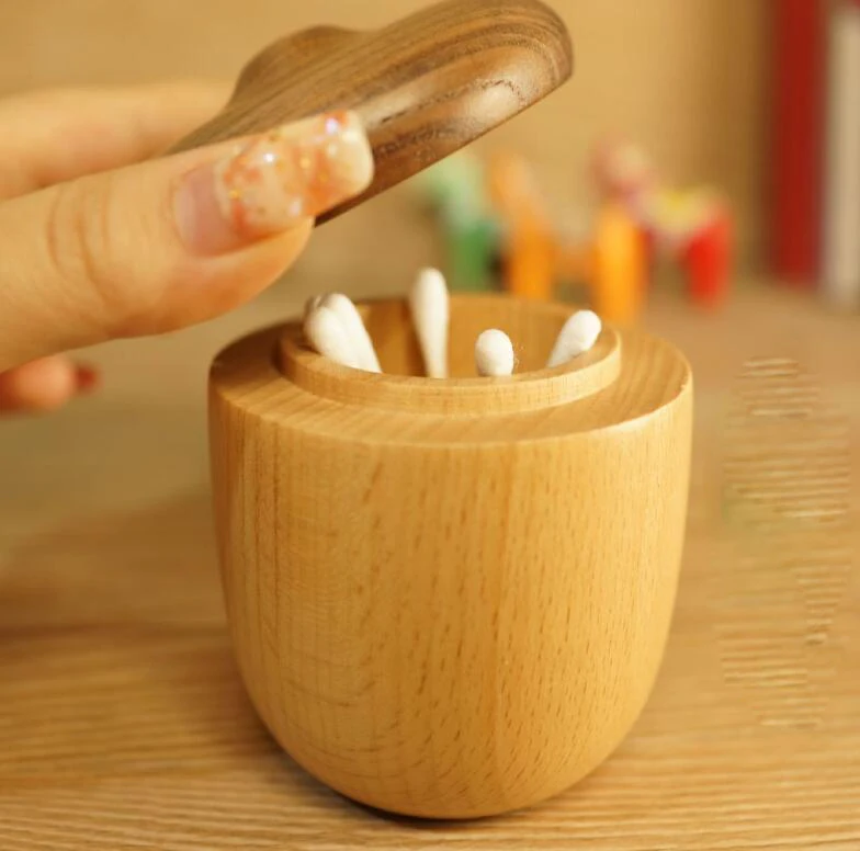 2023 Customized Cartoon Small Cute Mushroom Shape Black Walnut Cotton Swab Box Solid Beech Wood Holder Storage Box Toothpick