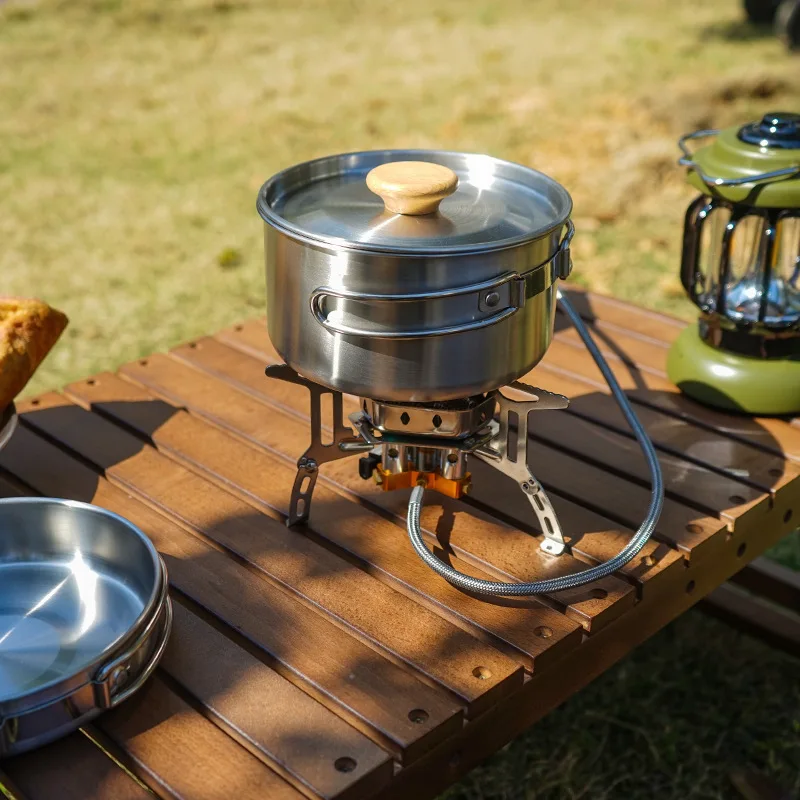 Outdoor mountaineering stainless steel folding handle pot Camping portable frying pan stockpot Household picnic pot set