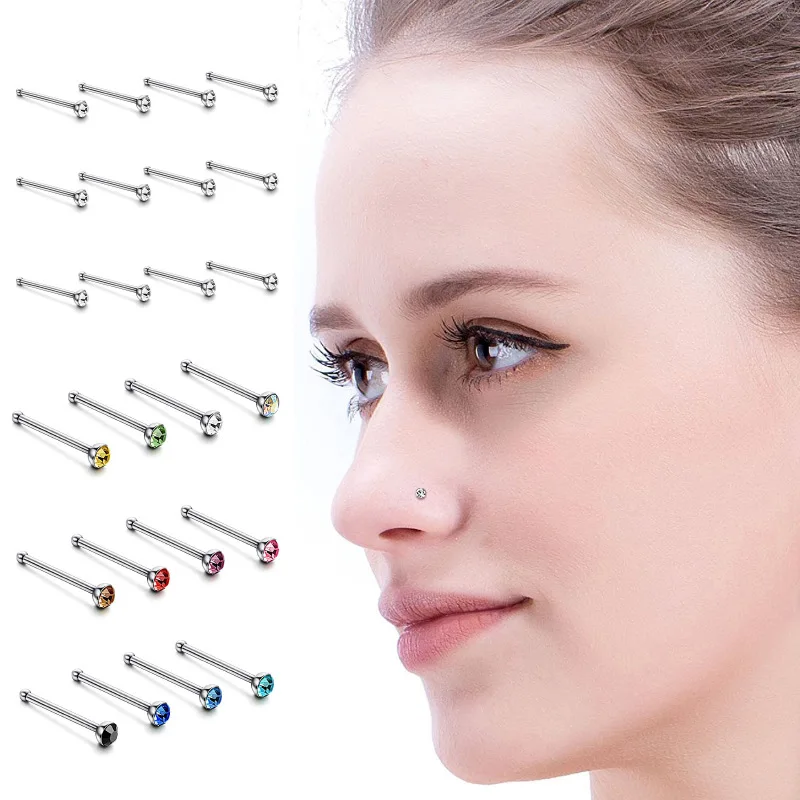 60 Piece/Set Stainless Steel L Shape Nose Stud Pack 20G Crystal Straight Stud Nose Ring Set Nose Stud Lot Piercing Nariz Pin