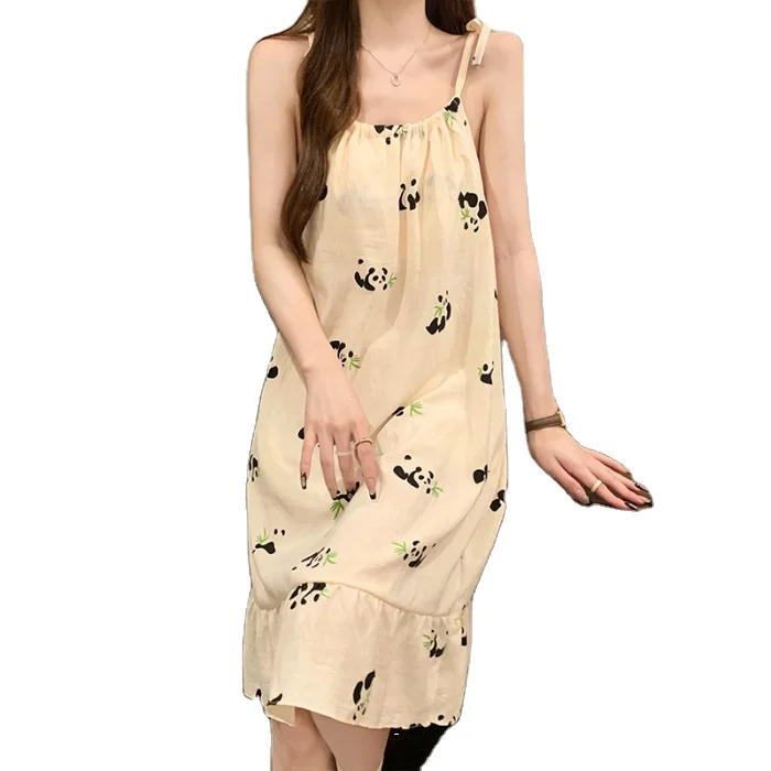 New Ladies Summer Camisole Pajamas Wrinkle Cotton Home Wear with Chest Pad Sweet Loose Casual Dresses for Women