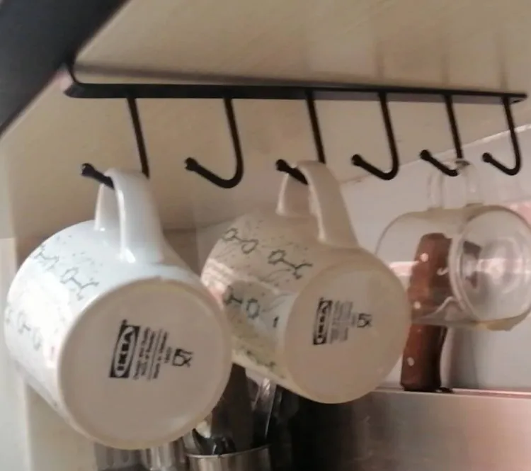 Single-Tier Multifunctional Metal under Cabinet Hanger Coffee Tea Mug Cup Rack Holder with Hook Installation Type