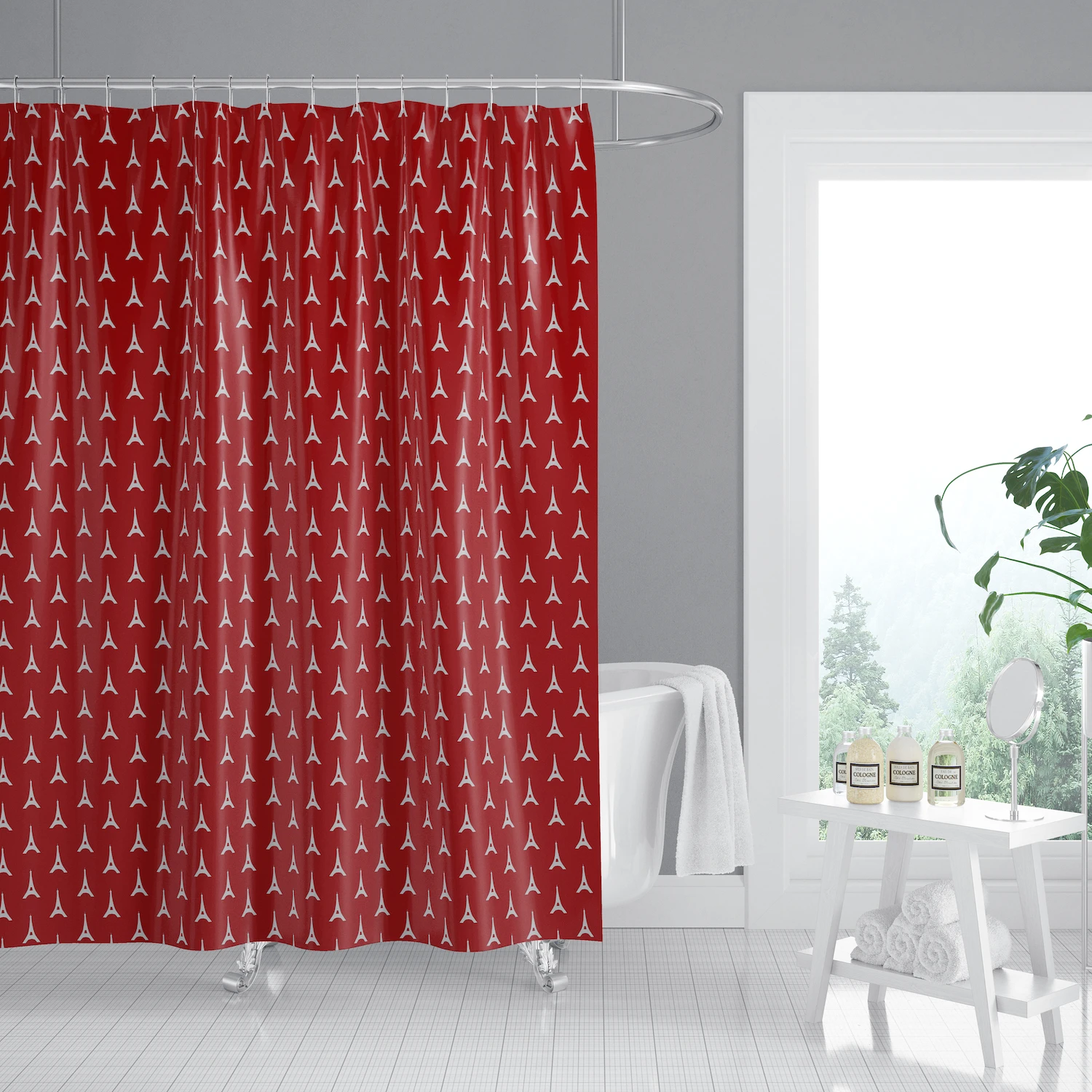 Fashion Print Plain White Eiffel Tower Red Bathroom Bathtub Curtain, Washable Polyester Waterproof Kids Shower Curtain Liner/