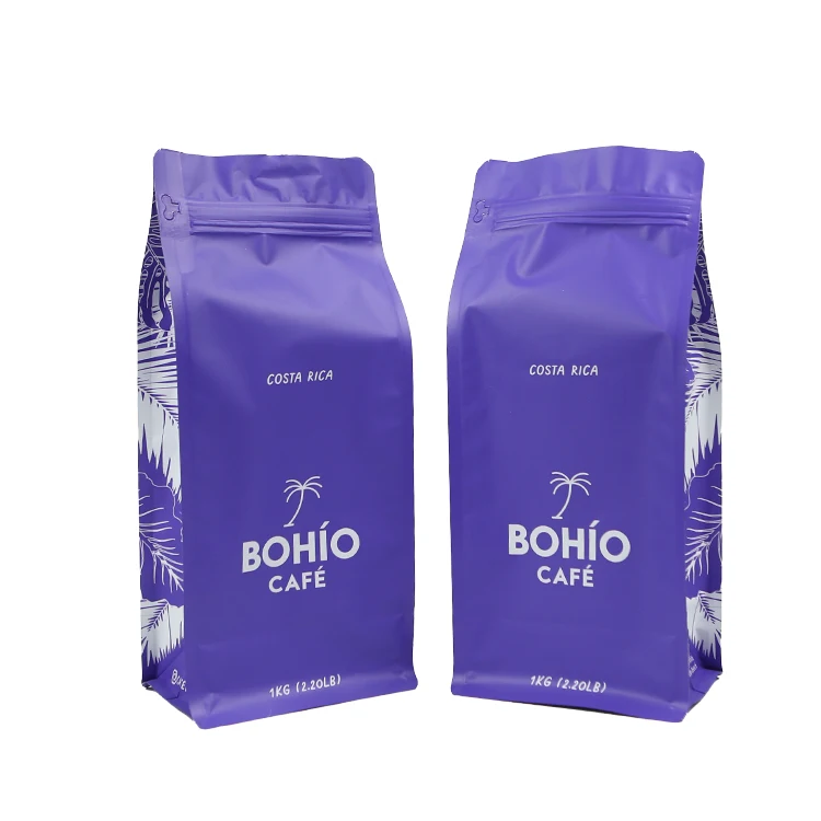 Square Flat Bottom Valved Coffee Bags1lb 1kg Empty 8 side Sealed Coffee Bags