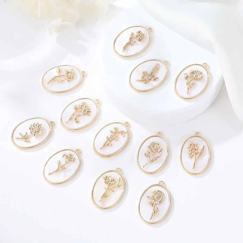 Hot Sell 14K Gold Plated Brass Vintage Immortal 12 Month Birth Flower Oval White Shell Pendant for Necklace Women Birthday Gift