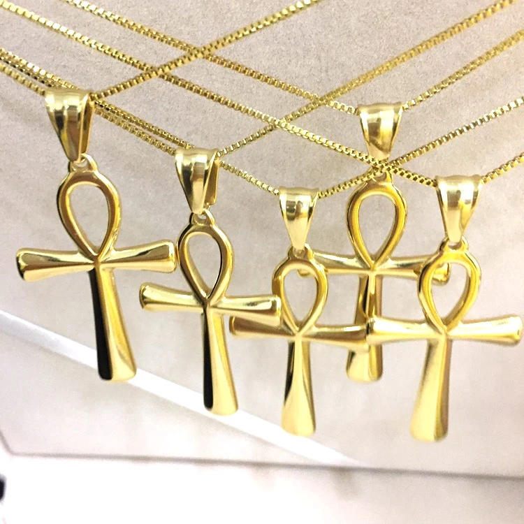 2024 Dainty Fashion Jewelry Christian Fine Gold Plated Stainless Steel  Jewellery Men Ankh Cross Pendant Necklace for Women