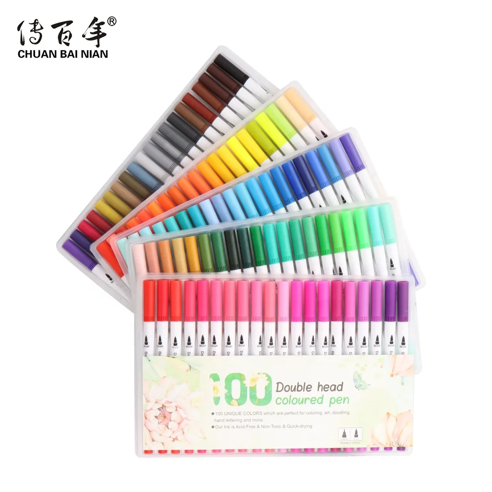 Good Quality Eco-friendly 48 Colors Water Based Dual Tip Brush Pen with Fineliner