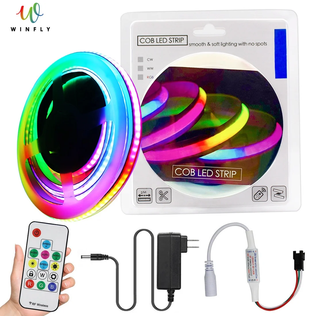 Flexible COB LED Strip Light RGB Rainbow WINFLY210 with Remote Control Lighting for Decoration Bedroom Car House