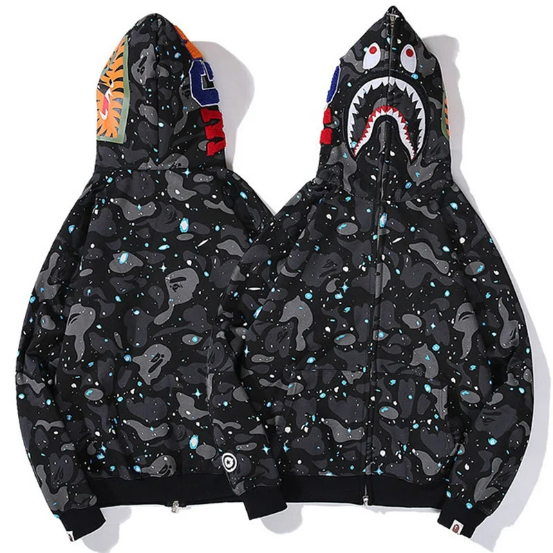 Glorystar Top Seller Shark Embroidered Printed Hooded Long-Sleeved Padded Streetwear Hip-Hop Camouflage Luminous Zipper Hoodies