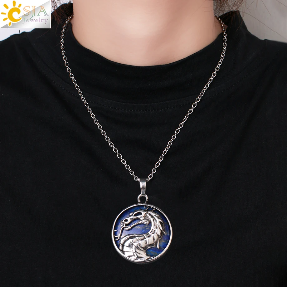 CSJA Wholesale Vintage Jewelry Round Healing Crystal Quartz Natural Stone Pendant Chinese Dragon Necklace for Women H122