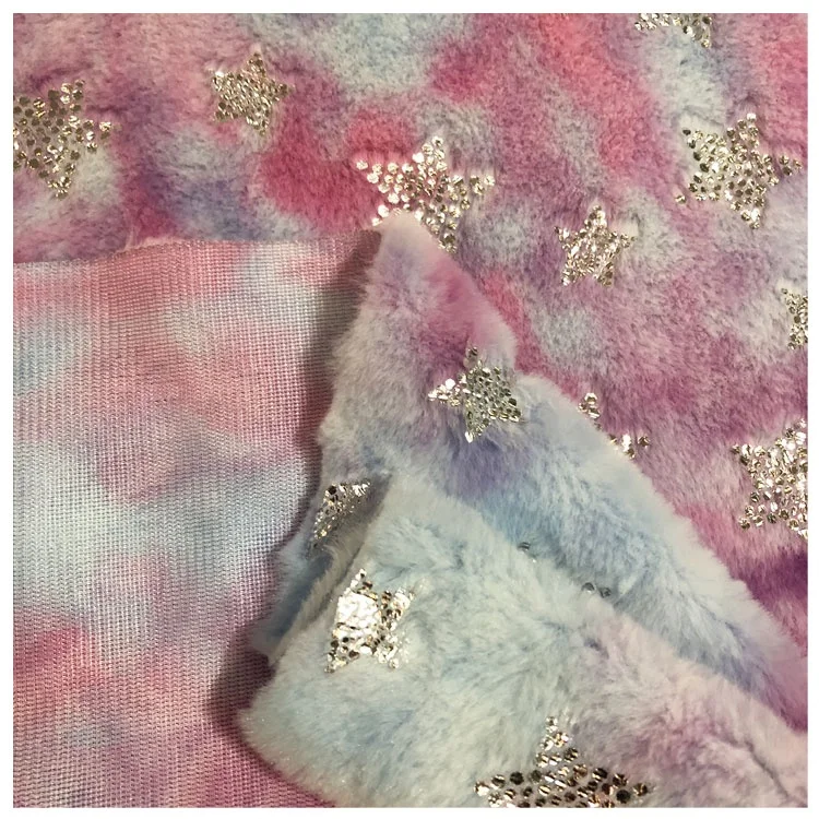 
100% polyester tie dyed faux fur fabric foil printed fake hair like bronzed plush rabbit fur gilded 