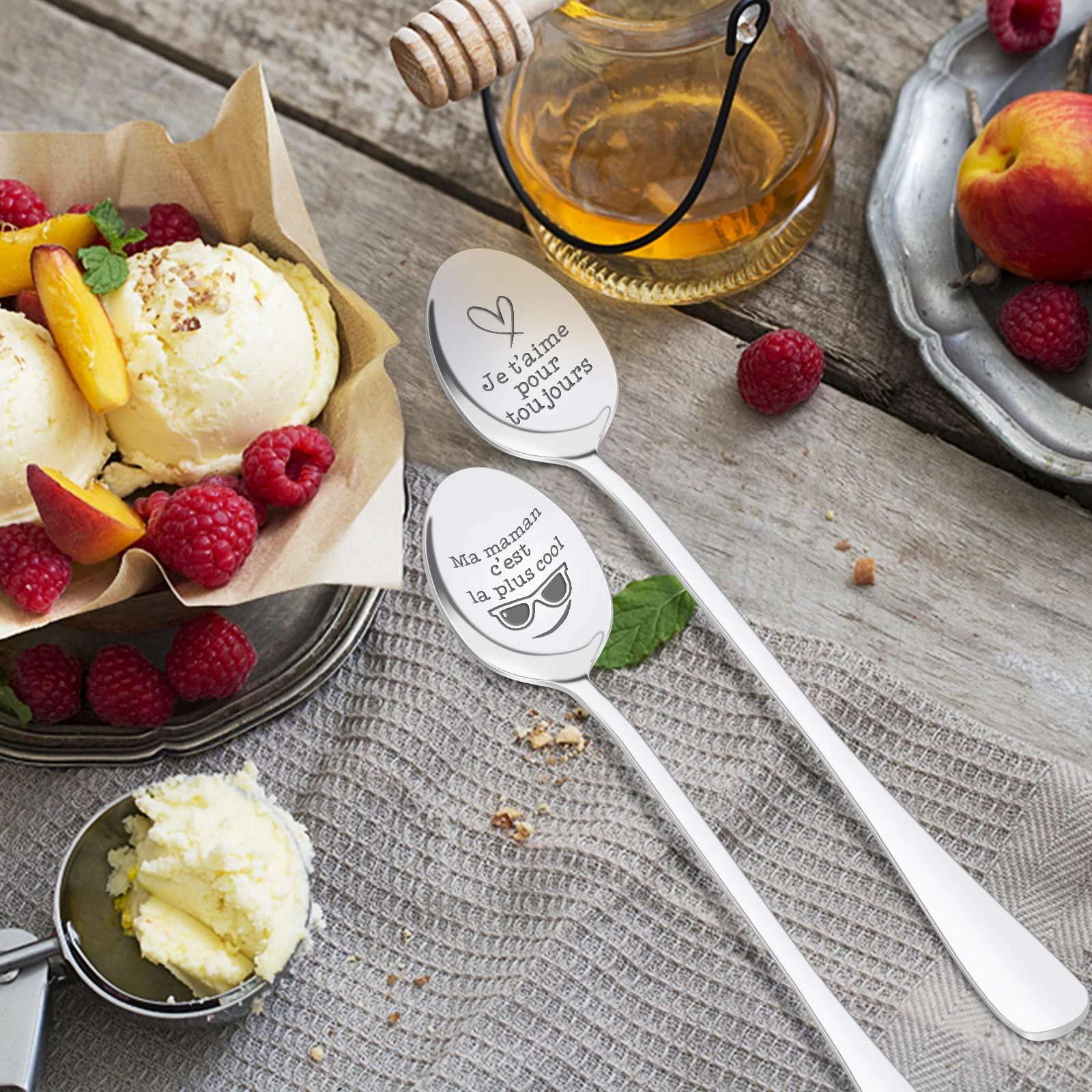 French birthday gift Presents Stainless Steel personal spoon set custom engraved dessert spoon