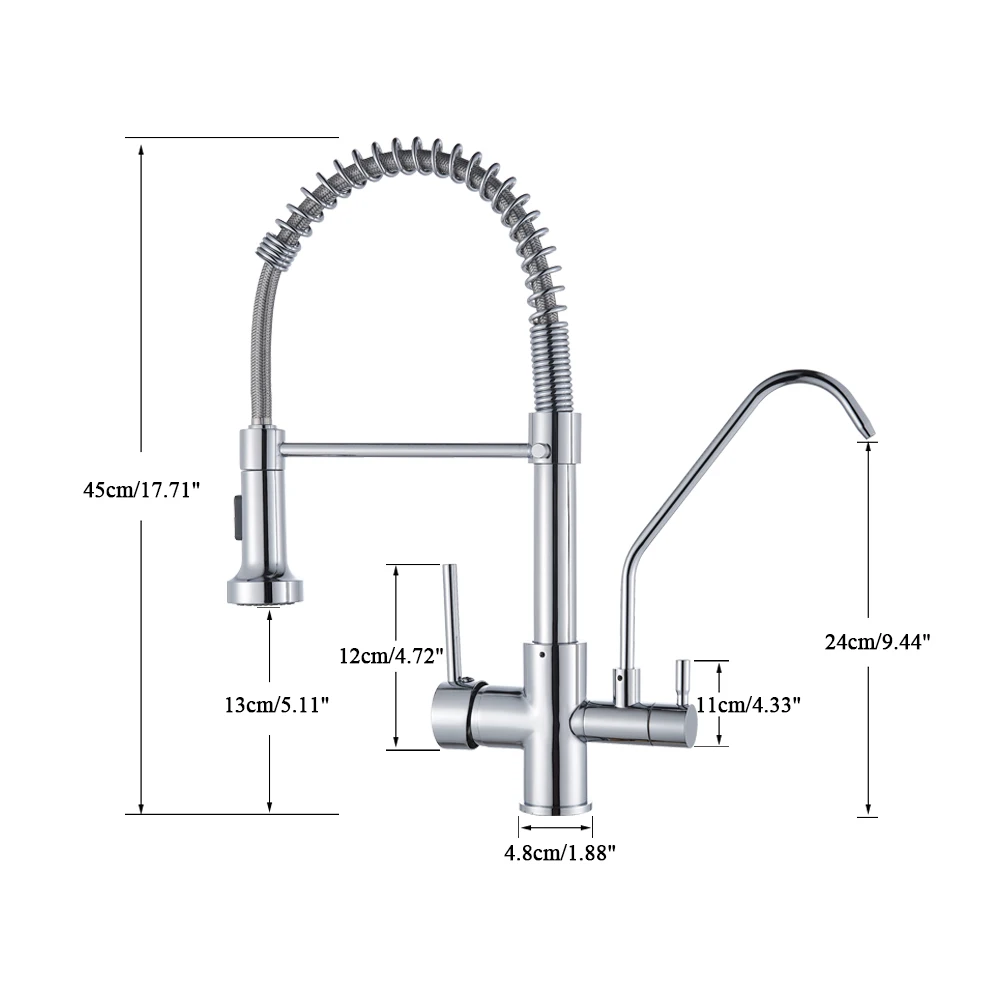 Chrome Filter Kitchen Faucet Dual Handle Purified Hot Cold Sink Tap 360 Rotation 2 Spouts Spring Faucet pure water Taps Crane