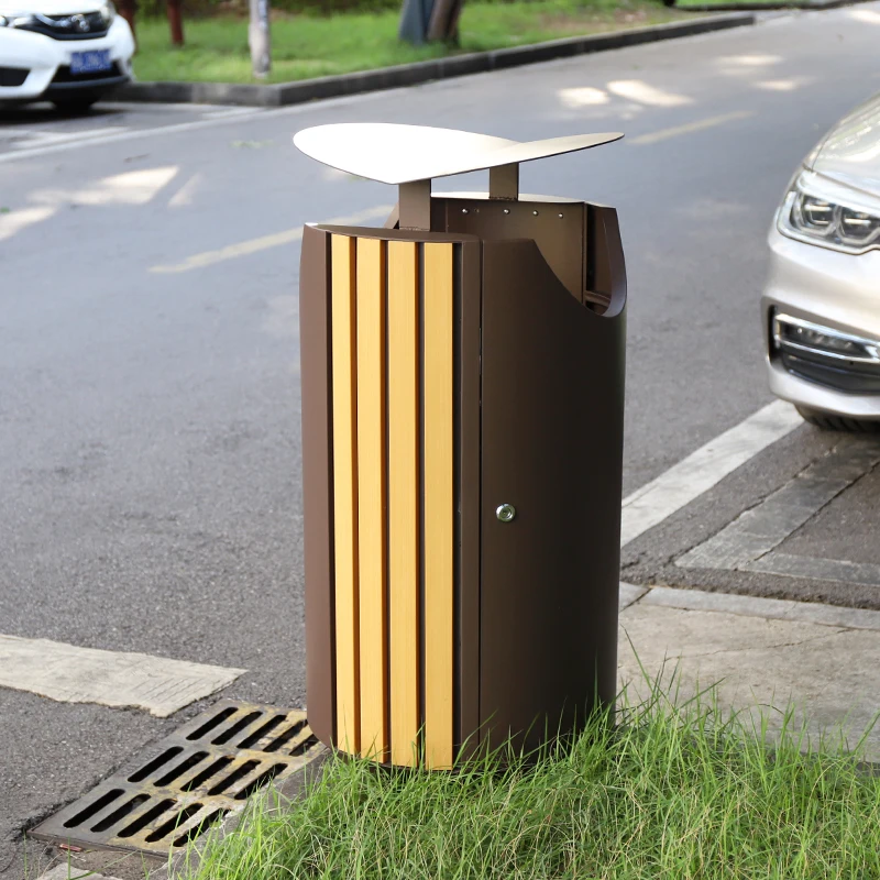 New ! Modern outdoor trash bin for park Streetscape round waste bins with 60L trash bin outdoor with PS wood commercial garbage