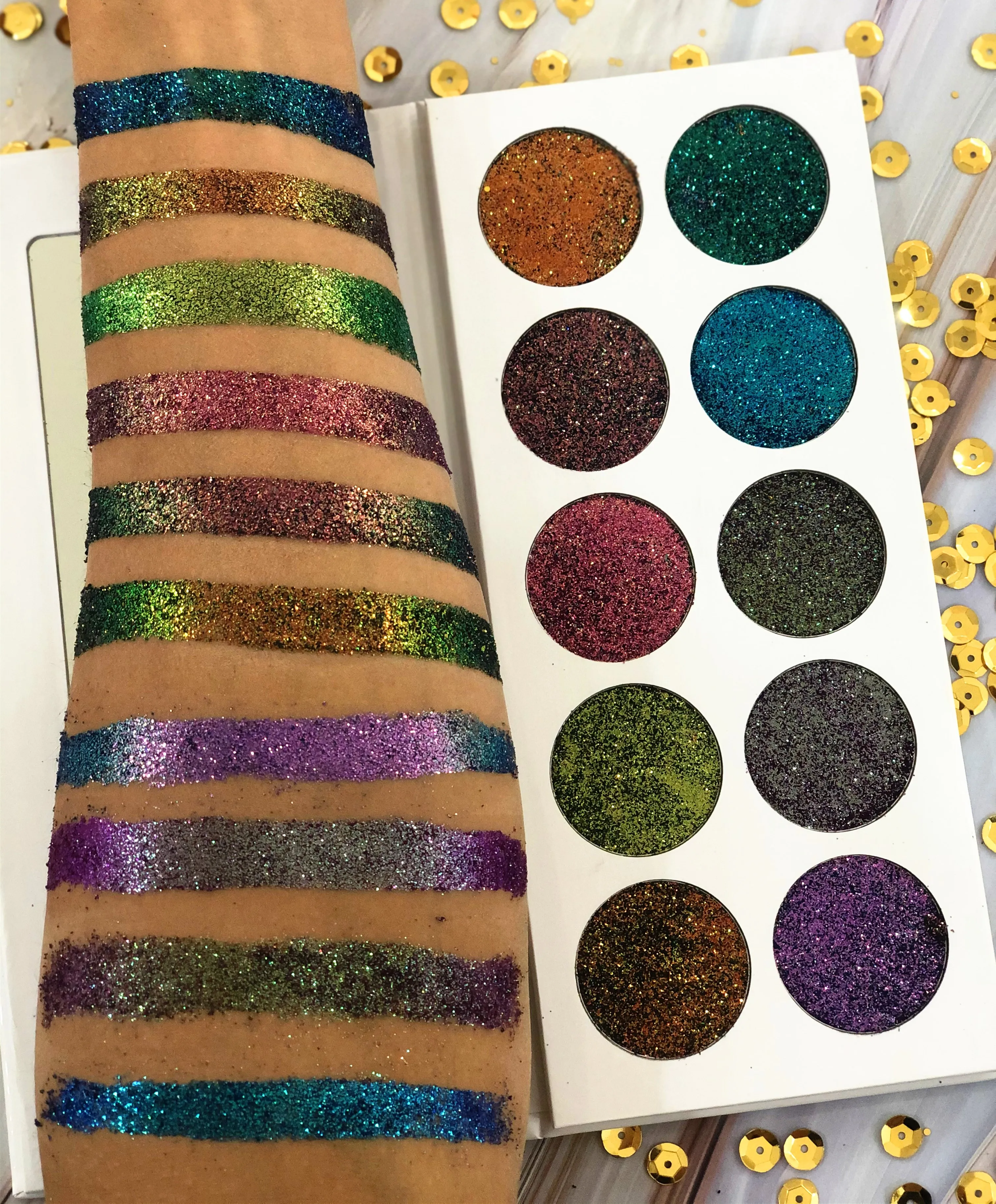 Chameleon makeup cosmetics custom duochrome loose glitter pigmented private label eyeshadow palette
