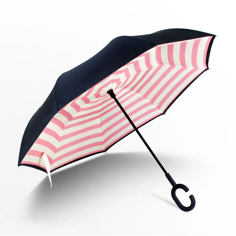 Wholesale black plastic ergonomic C shape handle double canopy inverted reverse umbrella with Navy and White Stripes Pattern