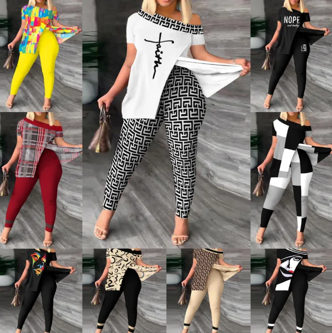 Sharee женская одежда большого размера, модная летняя коллекция 2023 года, асимметричные женские комплекты из 2 предметов с принтом и косым плечом