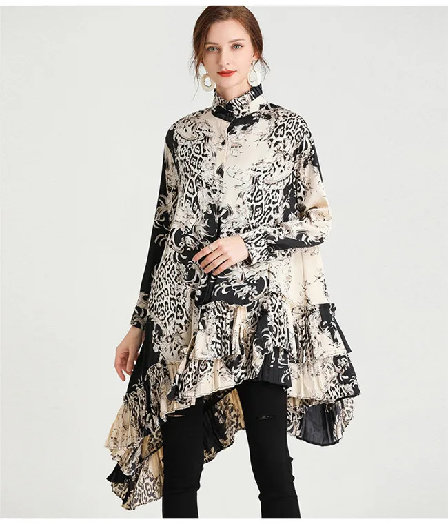 
Plus size 2021 spring new retro printed shirt chiffon shirt loose plus size blouse 