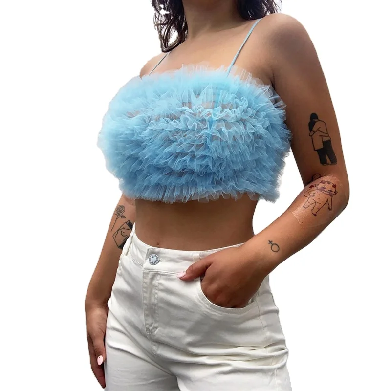 2022 Summer Women Fluffy Solid Color Wrapped Spaghetti Strap Sleeveless Crop Top Camisole Sexy Crop Top