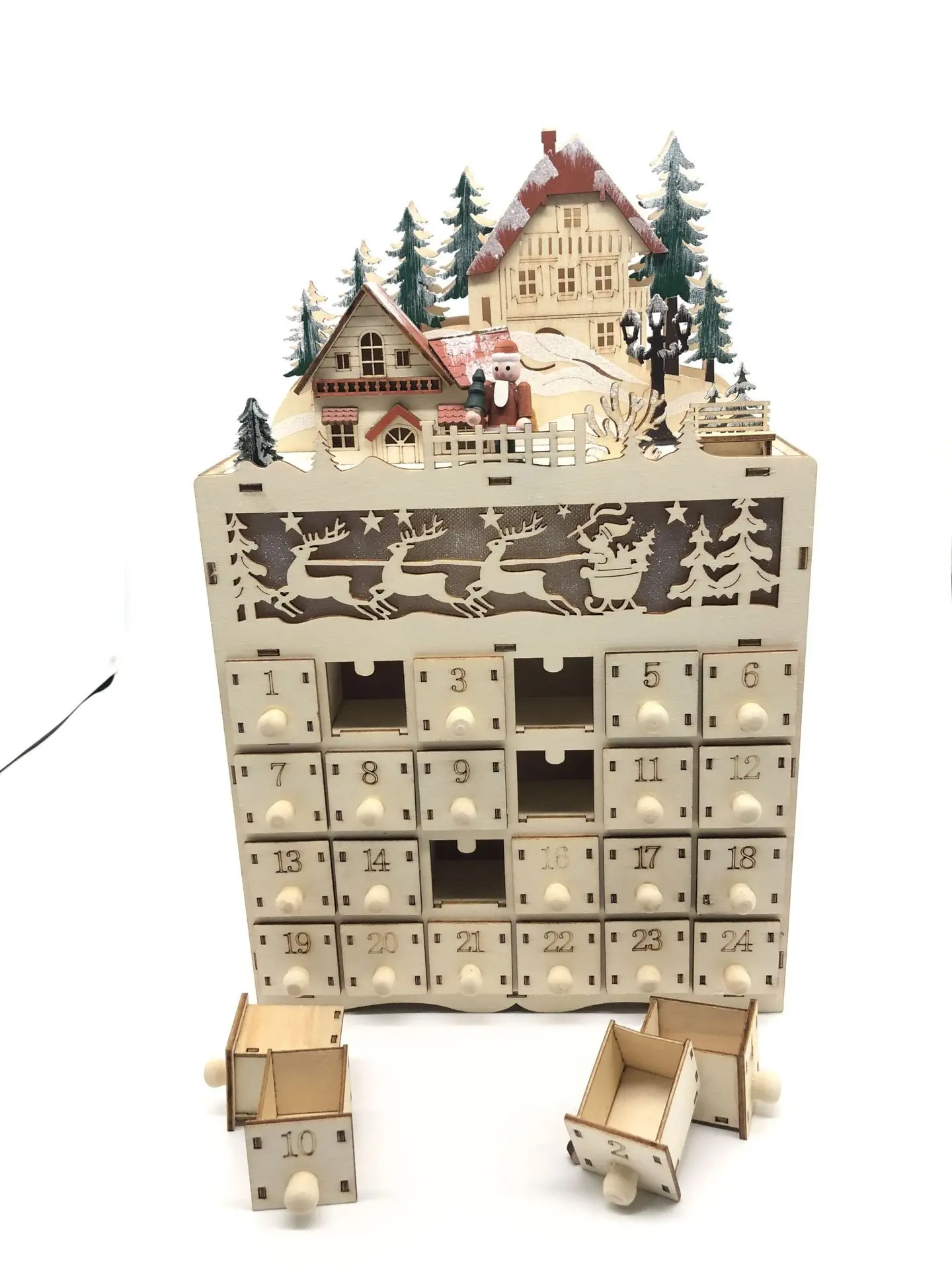 Creative LED Rotating Music 24 Countdown Christmas Calendar Drawer Calendar Wooden House  Christmas Decor