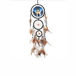 Hot Sale Indian Dream Catcher Wolf Head Oil Painting Handmade Dreamcatcher Home Decor Wall Hanging Natural Feather Pendant Room