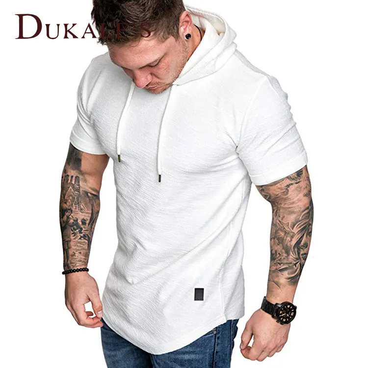 Slub Patched Curved Hem Mens Hooded Round Neck Bottom White Hemp Fiber Charcoal Hoodies Short Sleeve Bamboo Men Hoodies T-Shirt