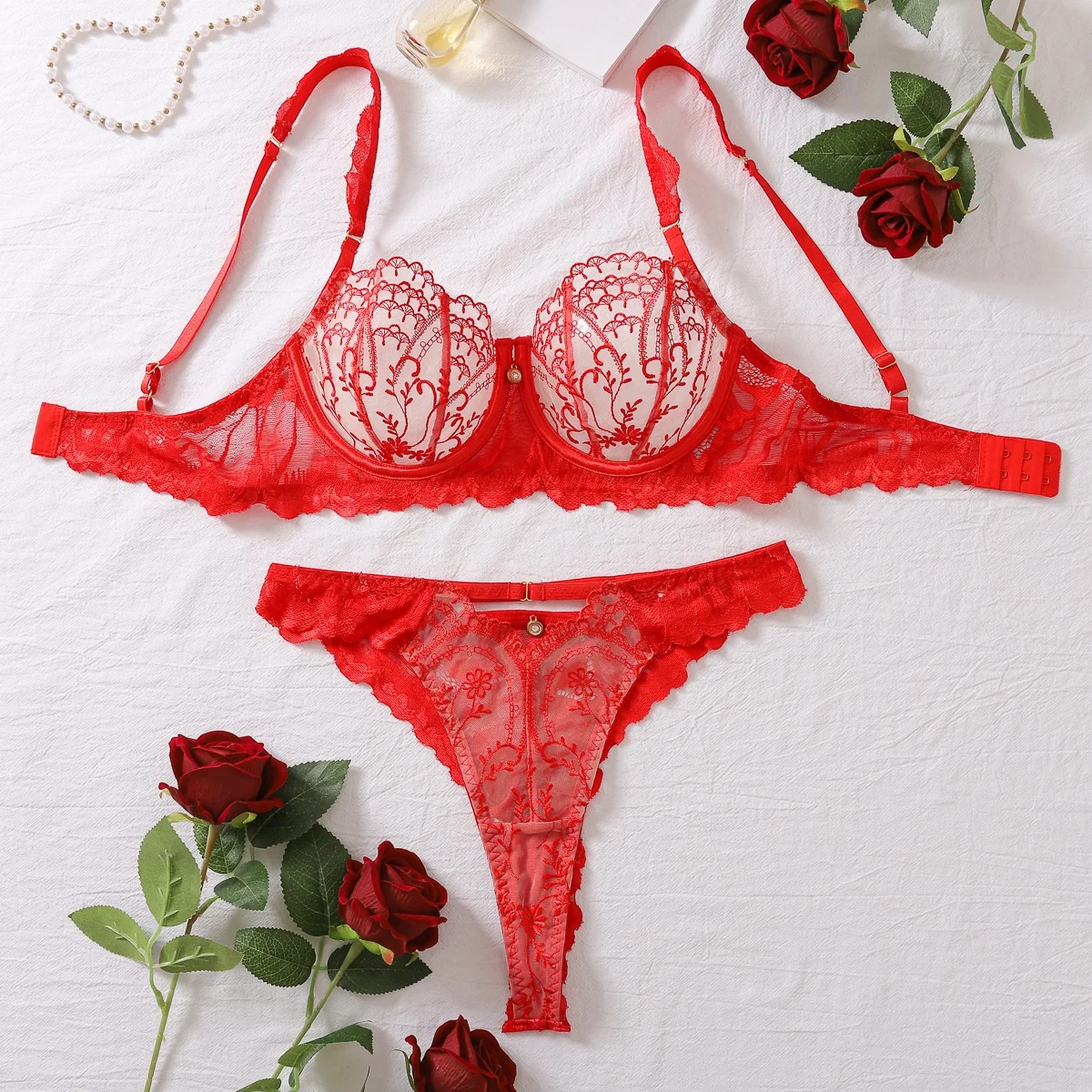 2024 European American Crocheted Mesh Sexy Lingerie Bra Suit ODM Two-Piece Set XL Large Sizes Embroidery Lace Bow Ornament