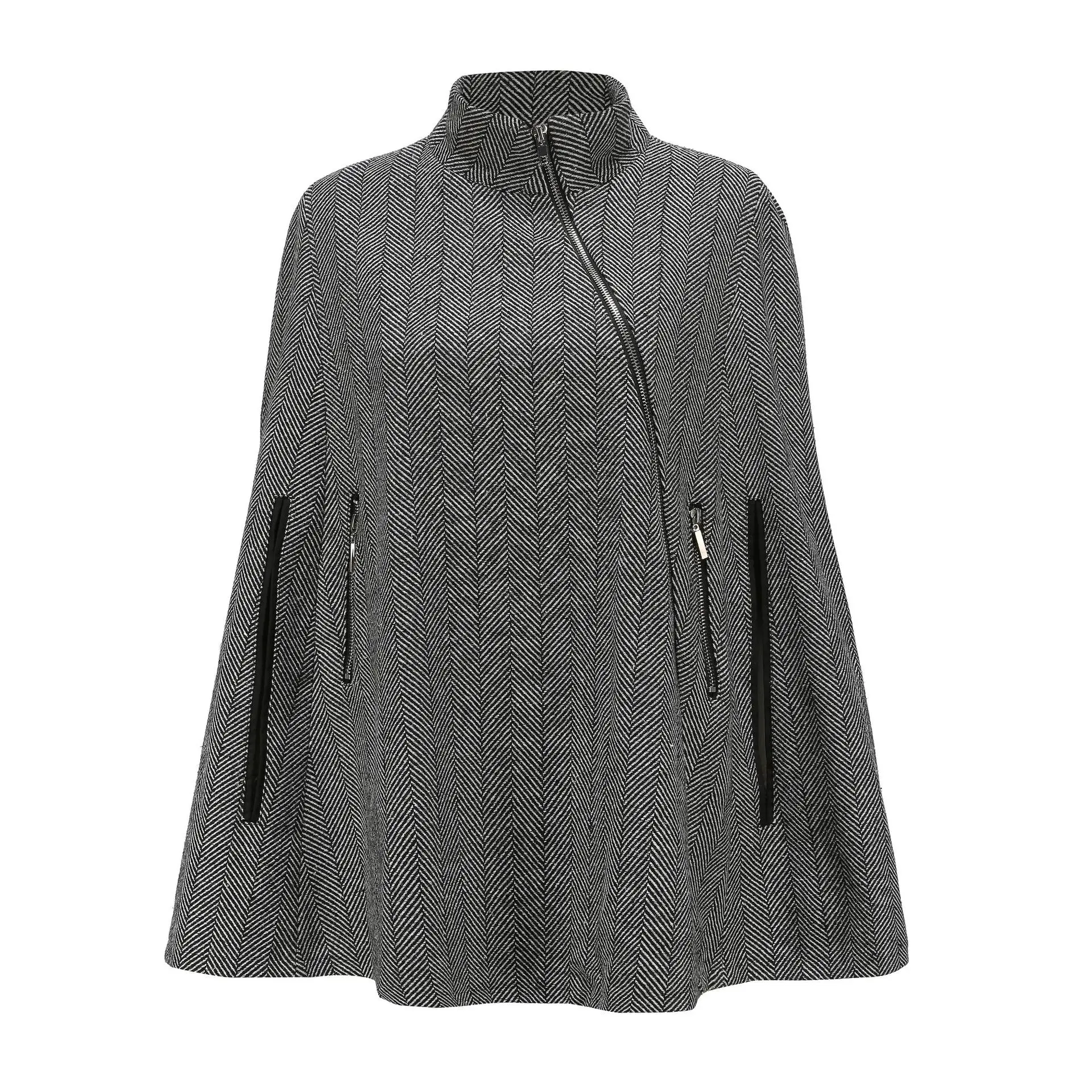 
2021 New Fashion Women Poncho Cape Coat Hollow Out Sleeve Slanted Zipper Design Autumn Ladies Coat 